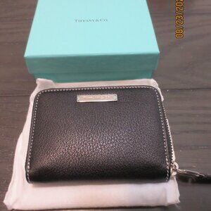 NEW Tiffany & Co. Black Grain Leather Zip Card Case Wallet